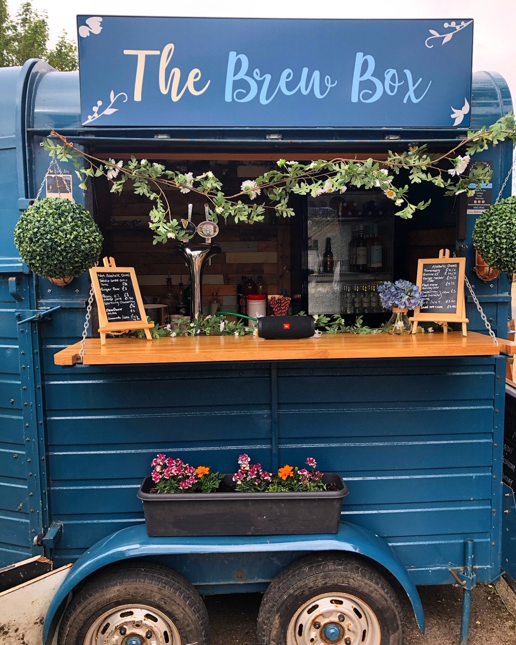 Close up of The Brew Box Bar, decorated for an event